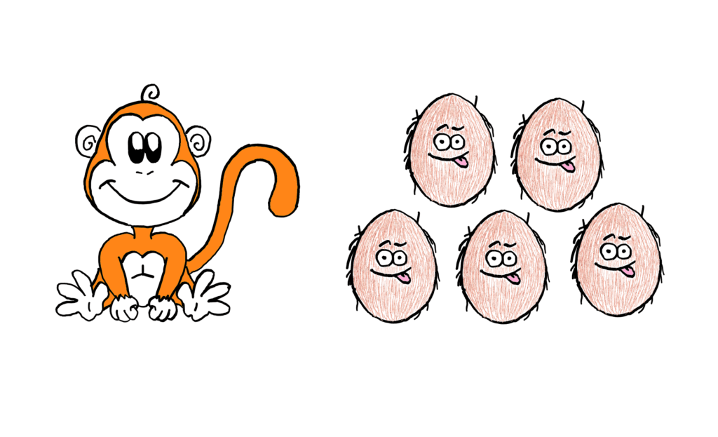 Get Smarter, Solve Problems, And Make Your Knowledge Really Count - Category: Puzzles and Paradoxes.  An illustrative sketch with a cute monkey sitting like a baby on the left, and five coconuts stacked on top of each other on the right. The coconuts also look cute with goofy looking eyes and their tongues sticking out.